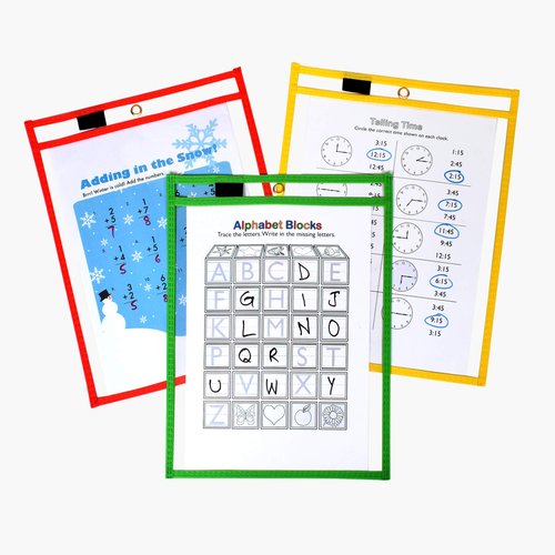 BONBELA Dry Erase Pockets 50 Pack - 10 x 13 Reusable Dry Erase Pocket Sleeves for Work & School Worksheets - Heavy Duty Clear Pocket Sleeves - Quickly Wipe to a Flawless Clean (Multicolor)