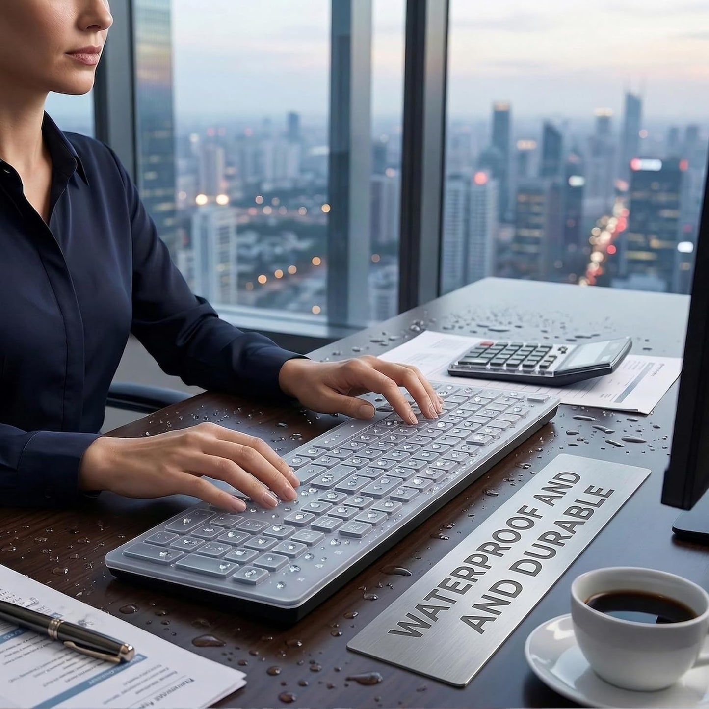 Spill Proof Keyboard - Full Size Wired 104 Keys with Easy Clean Cover & Laser Etched Keycaps | Black