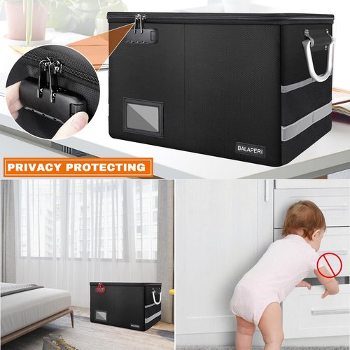 BALAPERI Fireproof Document Box with Lock, Portable File Box with Handle, Locking File Organizer Storage Box for Legal/Letter Size Hanging Folders, Collapsible,16.1" x 12.9" x 11"