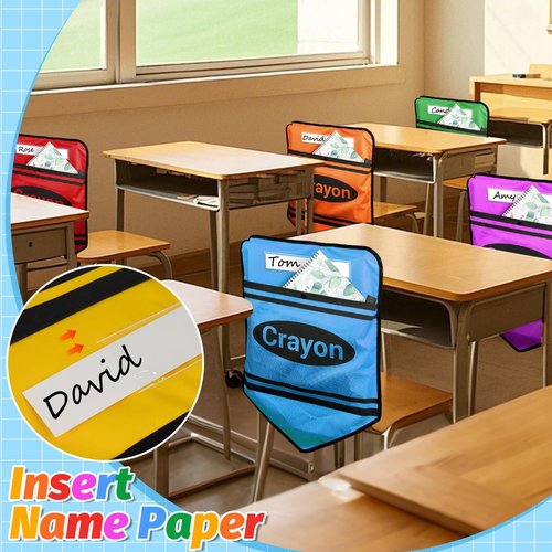 6 Pack Chair Pockets for Classrooms 17 X 18 Inch Crayon Seat Pockets with Name Slot Bright Colors Seat Sacks Seat Back Organizer for Kindergarten High School, 6 Pcs White Card Paper Include