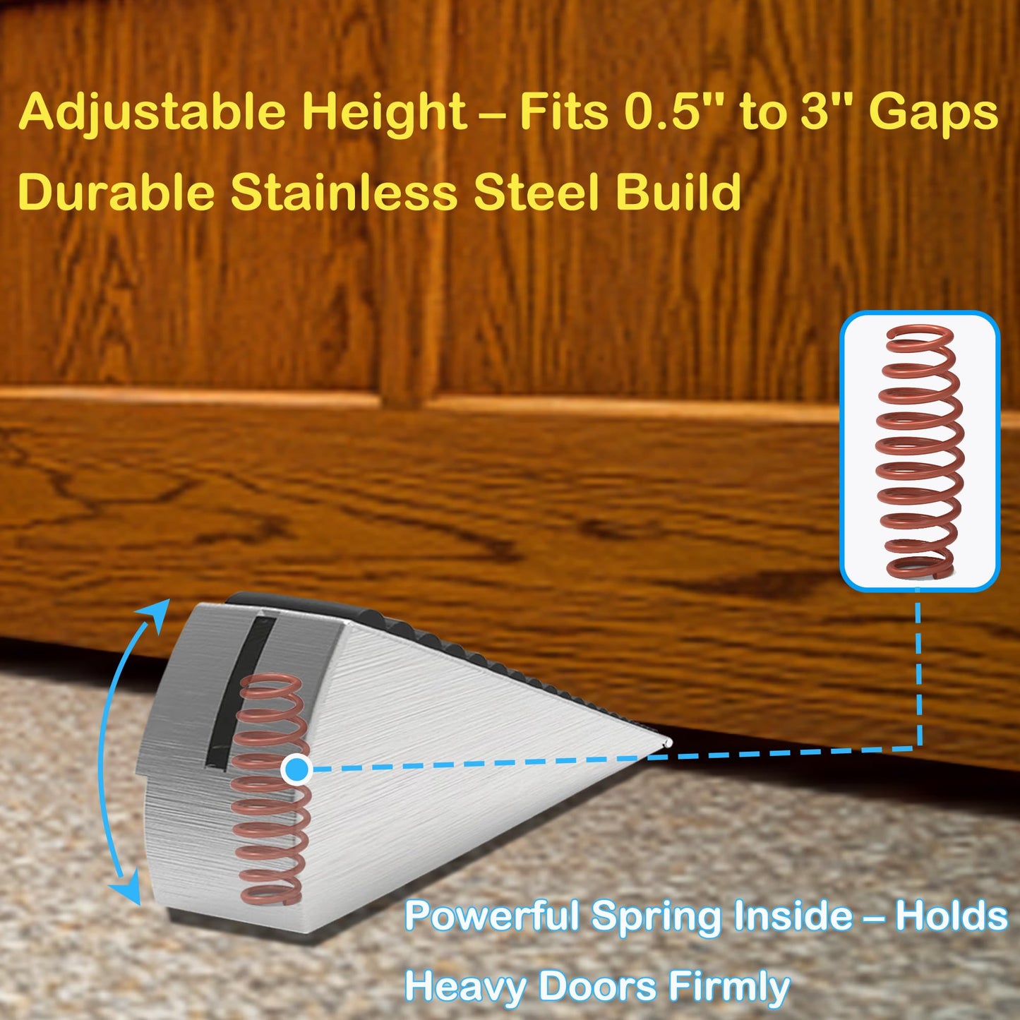 Newkiton Heavy Duty Door Stopper, Stainless Steel and Rubber, Spring-Loaded Adjustable Design, Non-Slip Metal Wedge for Home and Office (4)