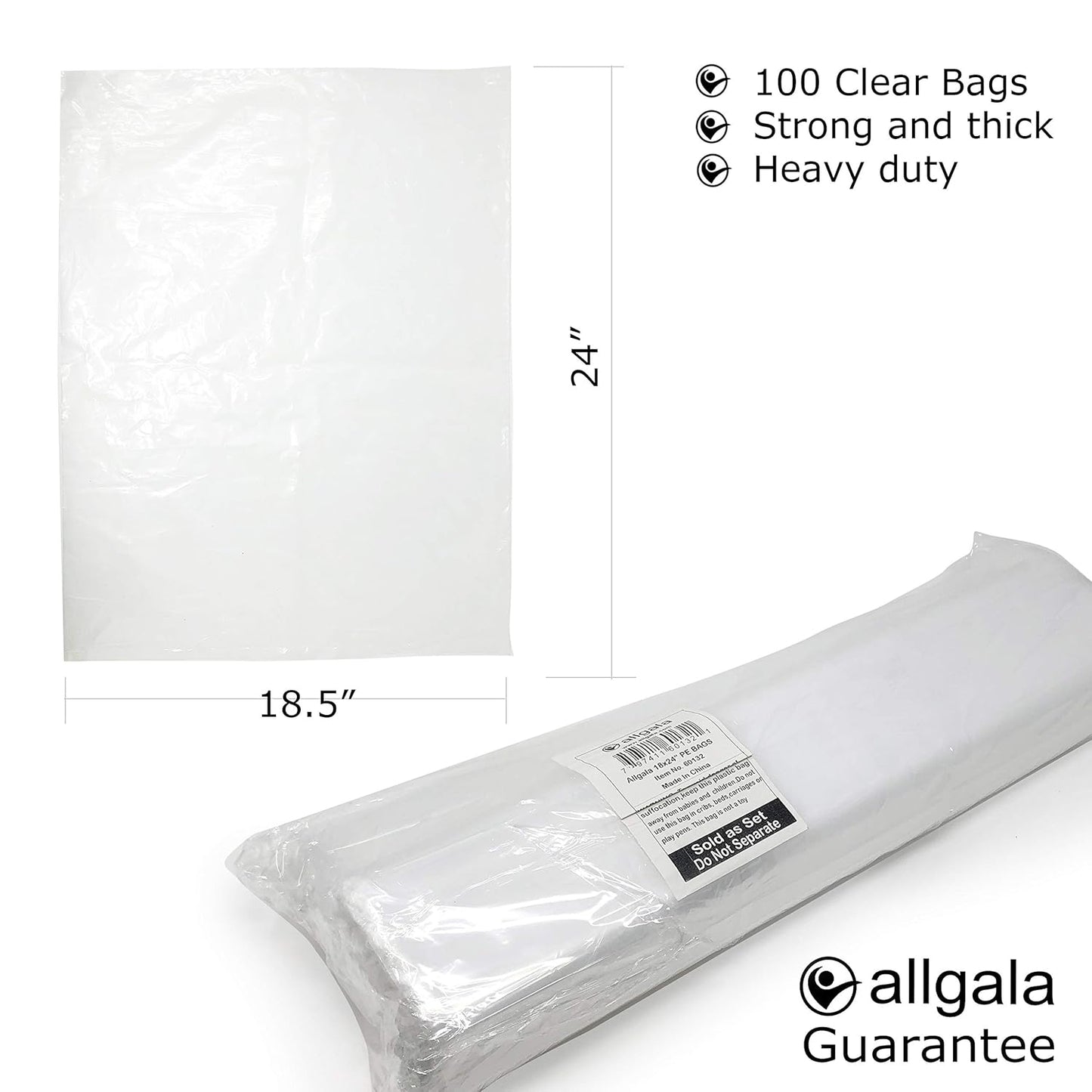 Allgala Heavy-Duty 3 Mil Clear Plastic Packaging Bags - 18x24 Inches | 100 Count