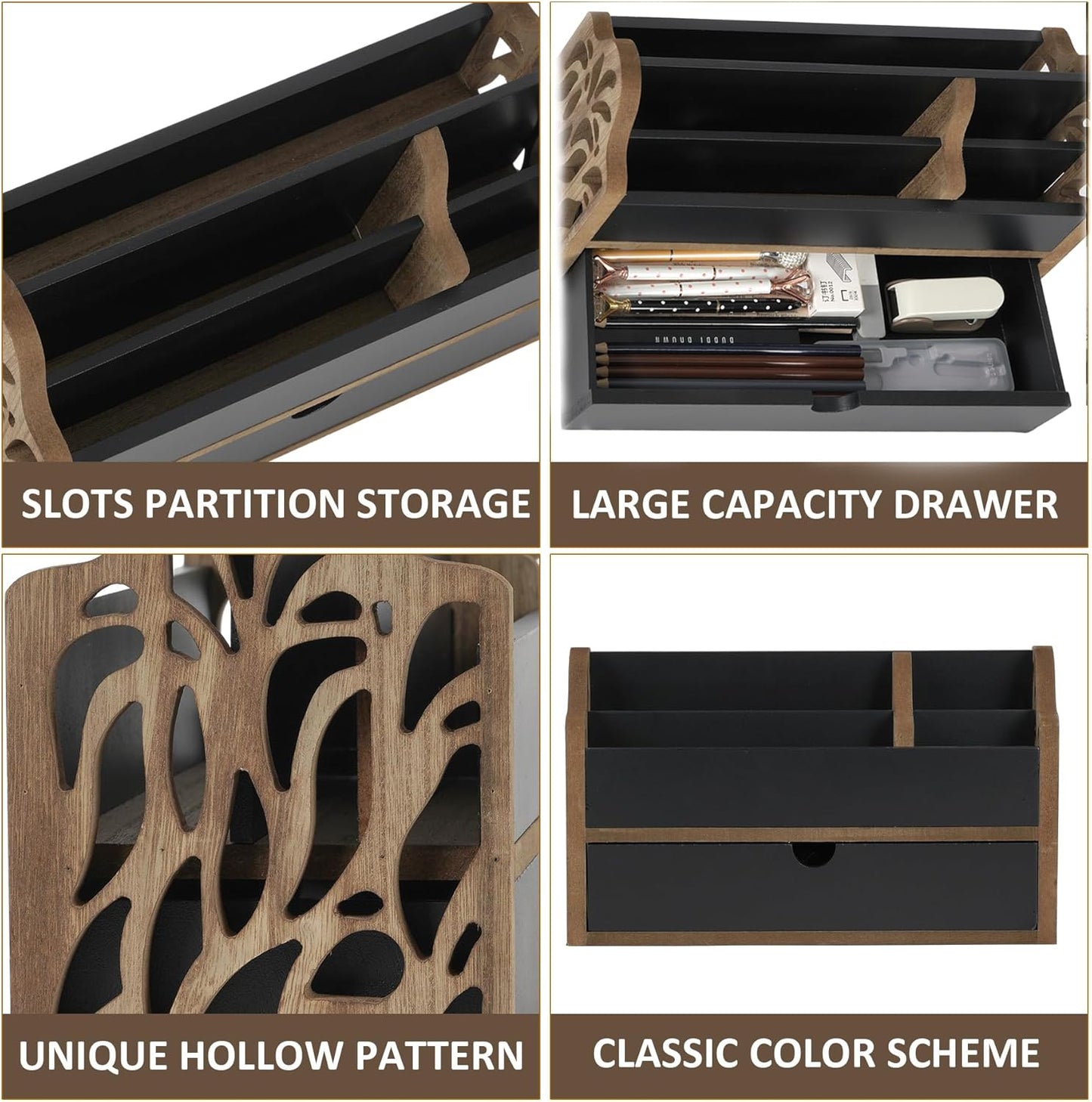 Skiennix Desk Organizer - Stylish Wooden File Holder with Drawer | 5-Slot Mail & Pen Storage for Home & Office