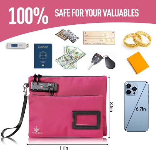 KOSMCCO Lockable Money Bag - 11x8.6 Inch Durable Nylon Bank Pouch Travel Organizer for Passport, Cash, Medicine, Notary Supplies & Valuables (Rose Red)