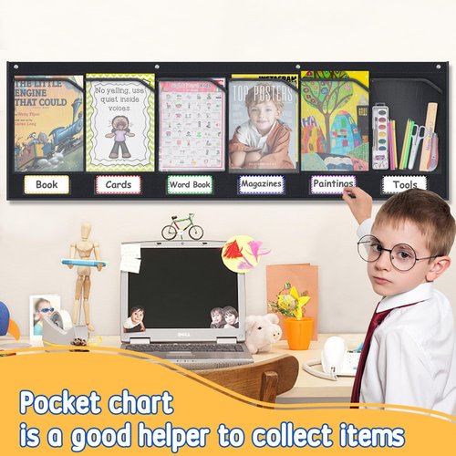 AKAYOK 6 Pockets Storage Pocket Chart for Classroom Small Group Management, Champs Chart, Poster, Photo Wall Display, Drawing, Classroom Organization and Storage (Black)