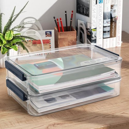 AZFUNN 5.5qt 9 x 13 Plastic Portable Project Case with Lids – Clear Stackable Craft Organizer Box Storage Bins for A4 Paper, Documents, Scrapbook, Art Supplies, Photo