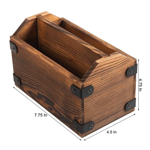 ExoLiry Brown Torched Wood Remote Control Organizer Burnt Wooden Tabletop Storage Caddy Two Compartment Holder TV Game Consoles Cell Phone Kitchen Utensils Office Supplies Living Room Home Bedroom