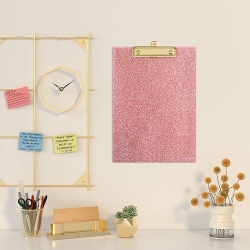 Piasoenc Acrylic Clipboards, Fashion Glitter Clip Board with Low Profile Gold Clip, Designed for Classroom School and Office Use, A4 Letter Size 9 x 12.5 in, Pink