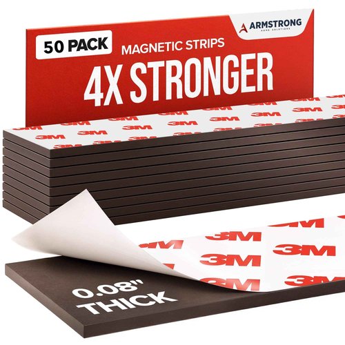 Magnetic Tape Strips with Adhesive Backing | Strong 3M Adhesive Magnets for Crafts | Flat No-Roll Flexible Sticky Magnet Sheet Stickers for Wall, Whiteboard, Fridge (50 Tape Strips - 6")