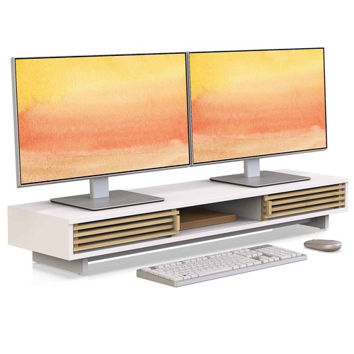 WELL WENG Dual Monitor Stand Riser with Sliding Door, Double Computer Laptop Stand Desk Shelf Organizer with Storage (White + Natural Bamboo, 38 Inch)
