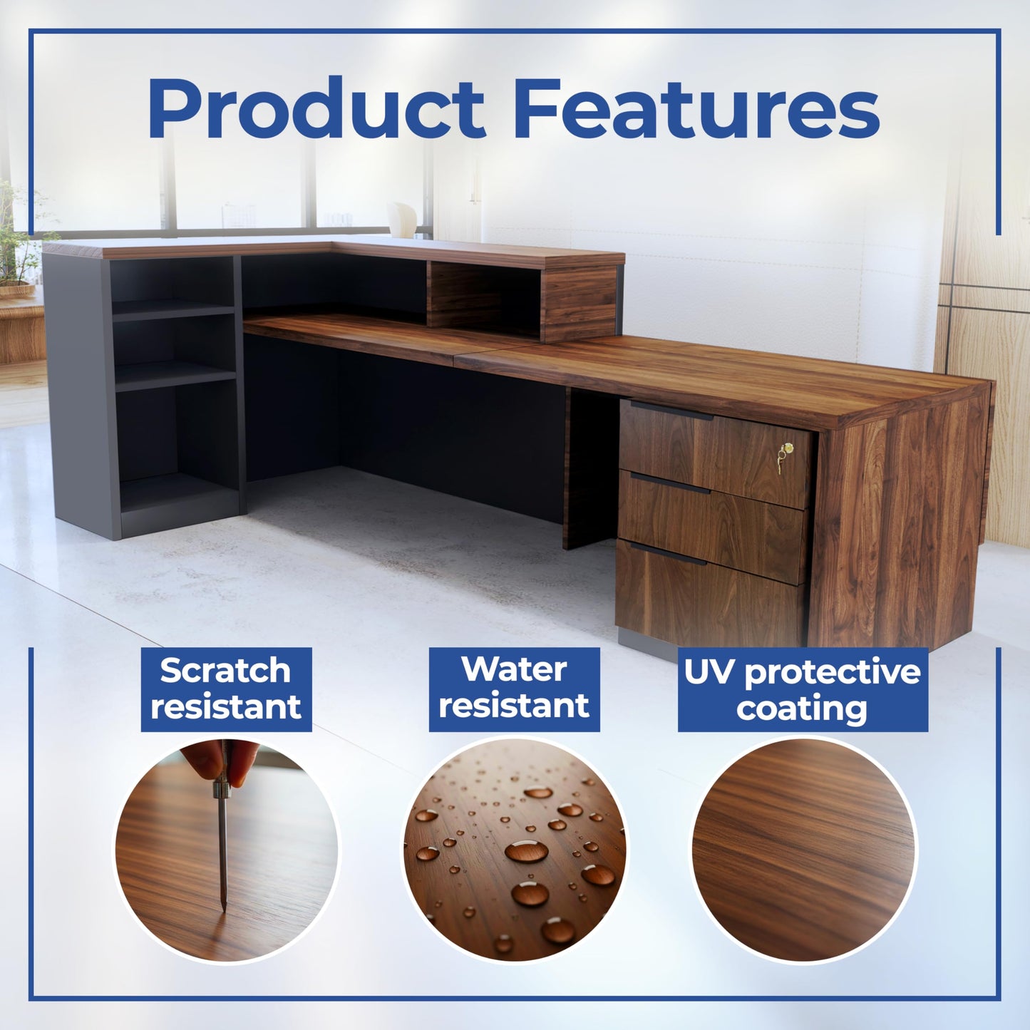 OfficeSimpli L Shaped Reception Desk with Counter - 78.5x40.5x42 Inch - Made in USA, Ship Mostly Assembled, L Shape Front Desk Reception Counter with Shelf Storage, Lockable Drawers for Office & Lobby