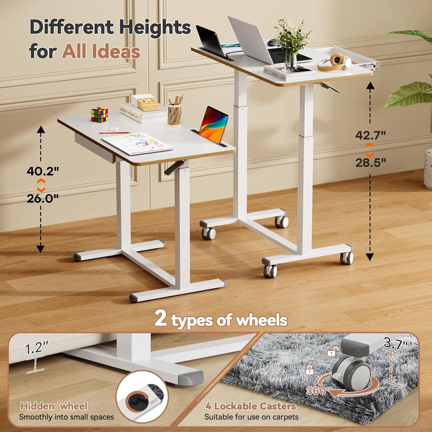 Skiennix Mobile Standing Desk - 35-Inch Height Adjustable Sit-Stand Workstation | White Portable Laptop Cart with Drawer