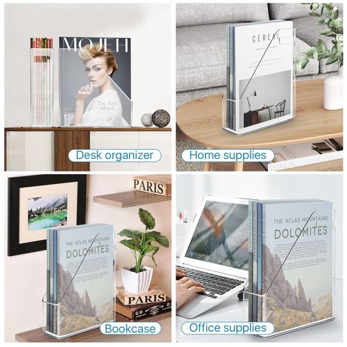 Boocalny 2 Pack Magazine File Holder, Clear Plastic A4 Vertical File Organizer with Handle, Desk Organizer Magazine Document Rack, Slim Vertical Folder Bin for Home Office School Supplies