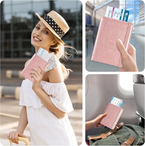ACdream RFID Blocking Passport Holder - Premium PU Leather Travel Wallet with Card & Pen Holder - Rose Gold