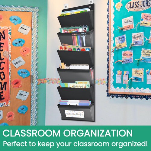 Godery Sustainable Office Storage Pocket, Cascading Wall File Organizer, 6 Pockets, Letter Size, File Folder Holders for Classroom, Office, School and Home, 45" H x 13" W - Black