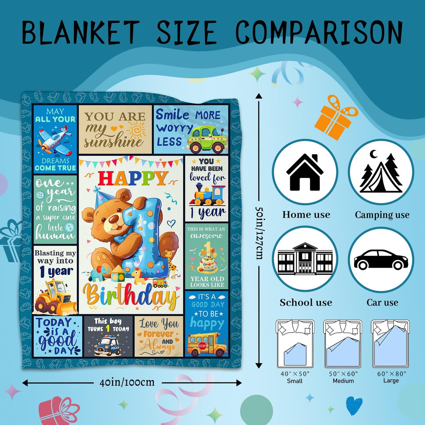 CIUGOIG 1 Year Old Boys Gifts, Happy 1st Birthday Blanket 50"x40", 1st Birthday Gifts for One Year Old Boys, Baby Boy First Birthday Gift Ideas, Teddy Bear 1st Birthday Decorations for Boy Blanket