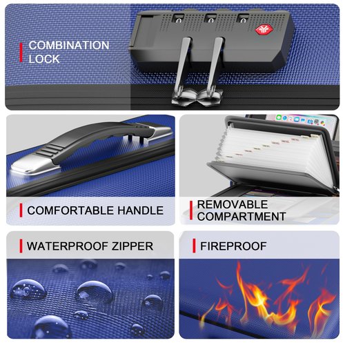 5200℉ Insulated Small Fireproof Safe Box with Lock,Fire and Water Proof Hard Case with Water Resistant Zipper,Fireproof Document Bag,Portable File Organizer Safe for Personal Items,Jewelry,Cash(Blue)