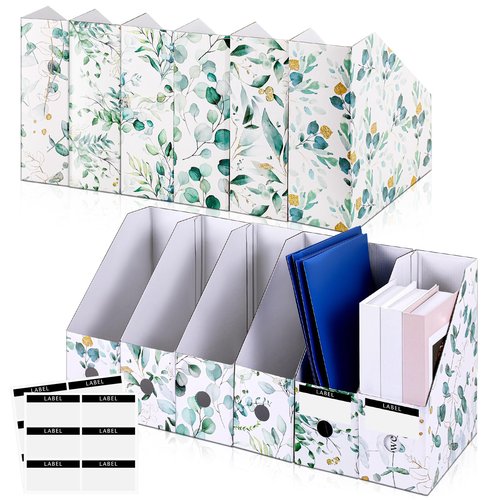 PerKoop 12 Pcs Magazine File Holder Foldable Decorative Cardboard File Folders 6 Patterns Floral Colored Magazine Rack with Printable Sticker Labels for School Office Home Desk (Eucalyptus Leaves)