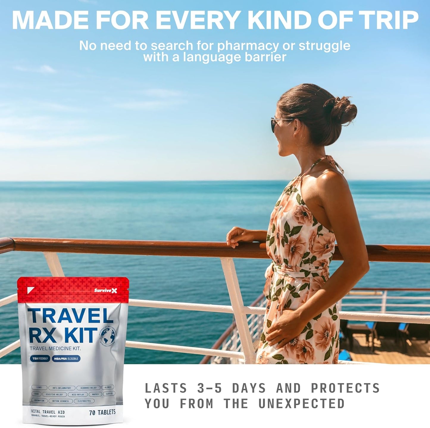 SurviveX Travel Medicine Kit - Compact TSA-Approved First Aid Pack for Travel & Camping | Includes OTC Meds