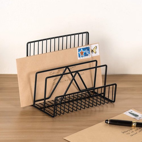 MyGift 3 Slot Matte Black Metal Wire Office Desk Mail Organizer and File Sorter Stand, Upright Desktop Paper Document Filing Storage Rack for Work or Home