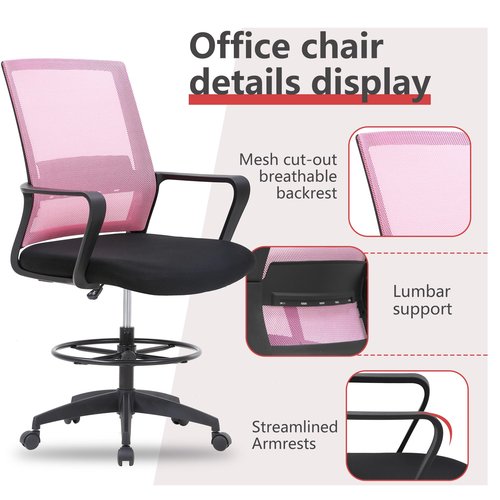 Drafting Chair Tall Office Chair Adjustable Swivel Rolling Mesh Height with Lumbar Support Arms Footrest Mid Back for Adults Standing Desk Drafting Stool(Light Pink)