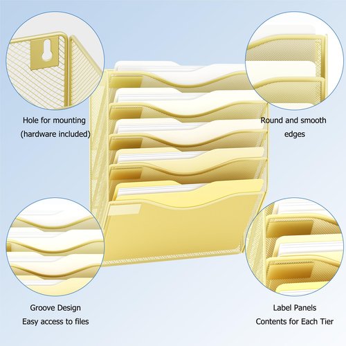 JessYo Office 5 Pocket Mesh Wall File Holder Hanging Folder Organizer Wall Mounted Magazine Document Rack, Gold