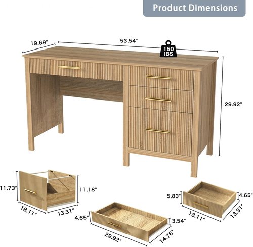 Oak Computer Desk - 54" Wooden Executive Office Desk with 4 Drawers | Stylish Home Office Solution