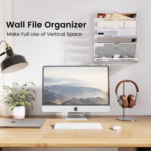 Kinkota Hanging Wall File Organizer Mesh 6 Tier Wall Mounted Mail Paper Folder Holder Document Organization Stand Desk File Organizer Tray for Office & Home Cubicle Countertop-White