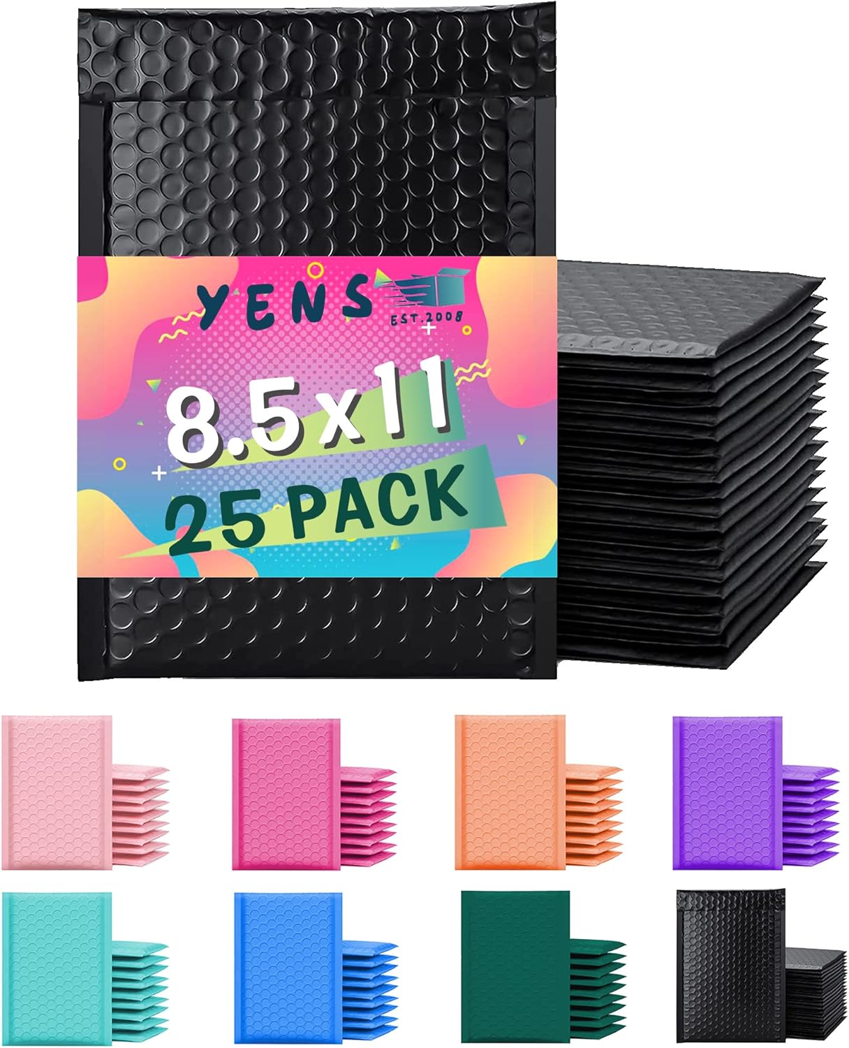 Yens Poly Bubble Mailers - 8.5x12 Black Waterproof Self-Seal Shipping Bags | 25 Pack Padded Envelopes