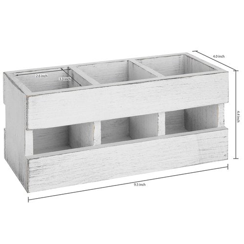 MyGift 3-Compartment Vintage White Solid Wood Desktop Office Supplies Caddy Pen Pencil Cup Holder Desk Organizer, Makeup Brush Art and Paint Brush Holder