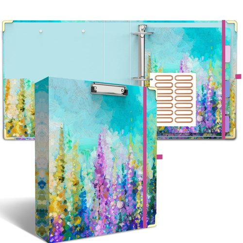 3 Ring Binder 2 Inch Ring, 2 Interior Pockets, 6 Tab Dividers, Low Profile Clipboard with Storage, Fashion Cute Binder and Labels Stickers for School Office (Purple Oil Painting)