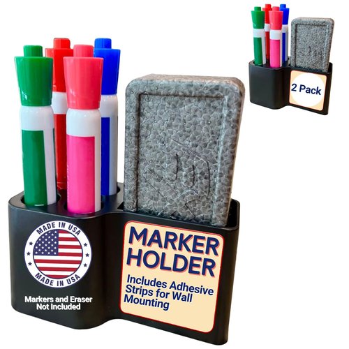 Storage Theory Magnetic Dry Erase Marker Holder – Desk & Whiteboard Pen Organizer for Office, Classroom, Fridge – Space-Saving Marker & Eraser Caddy – Black, 2 Pack