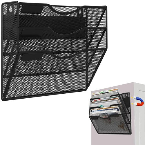 LQPAFZ 3-Tier Magnetic File Holder, No Drilling Installation File Cabinet Organizer, Black Magnetic File Organizer, Magazine Rack, Magnetic Paper Holder for Refrigerator, File Cabinets, Whiteboard