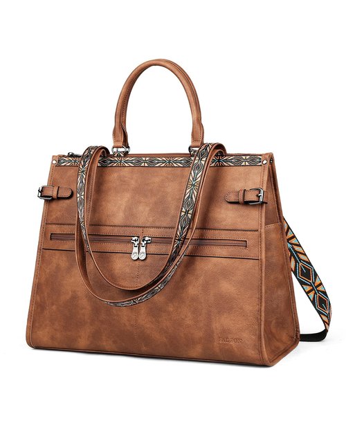FADEON Laptop Bag for Women Designer PU Leather Large Tote Bags Packpack Purses with 15.6 Laptop Compartment Travel Shoulder Handbag Brown