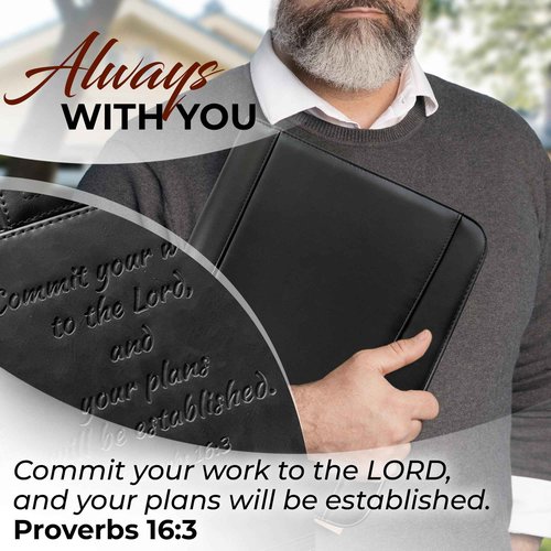 DEHITE Leather Portfolio for Men and Women - Christian Religious Gifts - Padfolio with Laptop Pocket - Letter Size Organizer for Bible Notebook Notepad - Black Full Grain Zipper Binder