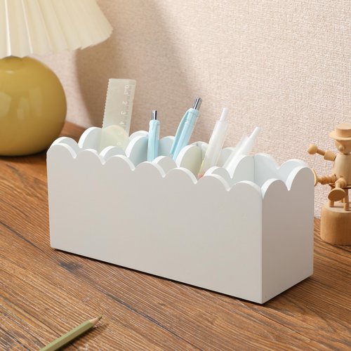 Sherr Scalloped Wooden Pencil Holder for Desk Wooden Office Desk Organizers and Accessories with 4 Compartments Cute Makeup Brush Holder Organizer for Bathroom Remote Caddy for Table for Party