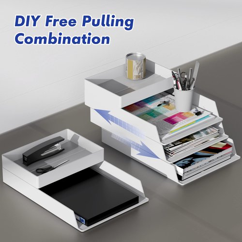 MEAIHOML 6-Pack Stackable File Organizers, Plastic Desk Organizer for Documents, Letters, Files & Magazines, White Office Desk Storage Tray, Paper Holder for Desktop