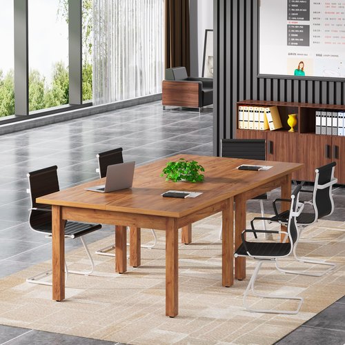 Tribesigns 39.4-Inch Square Conference Table for 4 People, Small Wooden Meeting Table with Solid Wood Legs and Thicken Tabletop for Conference Room Seminar Room Boardroom, Oak Brown