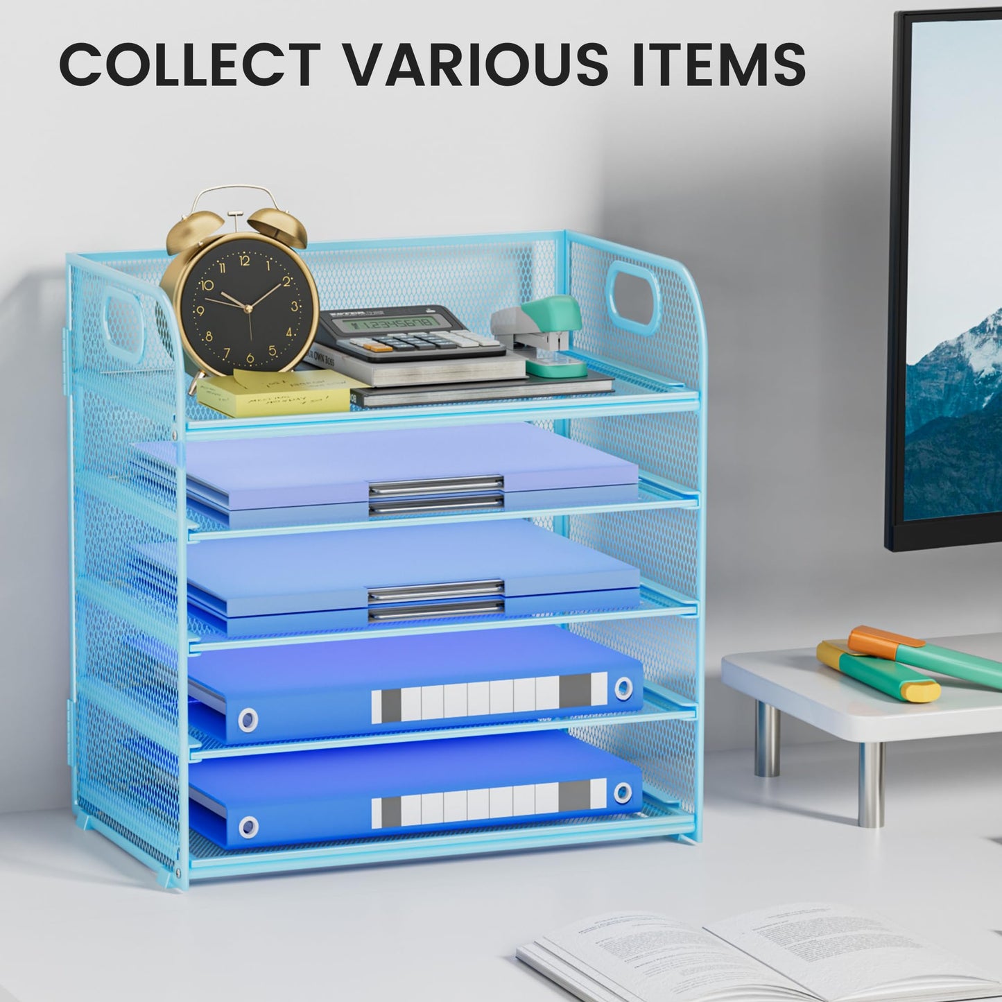 Kinkota Paper Organizer Letter Tray with Handle Mesh 5-Tier Stackable Desk Organizer for Files/Paper/Office Supplies, Sturdy Carbon Steel Desk Organizer for Home Office & Classroom