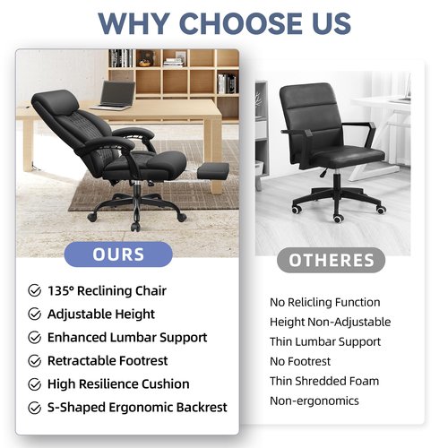 Office Chair, Big and Tall Office Desk Chair, Reclining Office Chair with Footrest Home Office Desk Chairs, High Back Ergonomic with Lumbar Support, Executive Leather