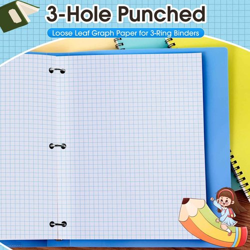 Noveread 15 Pack Graph Paper, 8" x 10.5" Loose Leaf Graph Paper, 2250 Sheets Bulk 4 x 4 Inch Quad Ruled Grid Paper Filler Paper, 3 Hole Punched, 60 Gsm, 150 Pcs Each Pack, Office Student Supplies