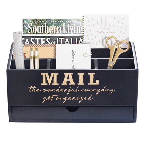 EXQUIDECA Wooden Black Rustic Countertop Mail Storage Holder with Drawer and Compartments - Office Desk Accessories and Workspace Organizers - Desktop Sorter for Pen Stationery Letter Files Documents