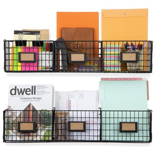 Wall35 Amalfi Hanging File Folders Office Desk Organizer Wall Mount Wire Basket Storage Magazine Holder 3 Sectional Set of 2 Black