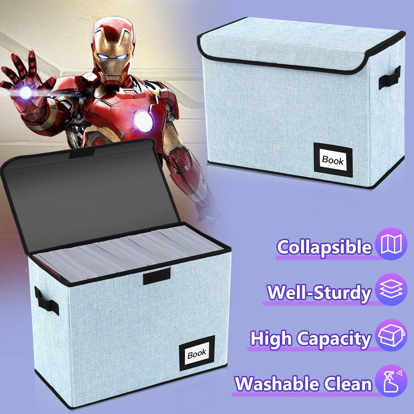 YNSZAS 5 Pack Comic Book Storage Boxes, 15.8" X 7.8" X 11.8", Collapsible Comic Short Box, Holds 160-180 Collection Comic Book Container Holder Shelf Protector Organizer Bin (Blue)