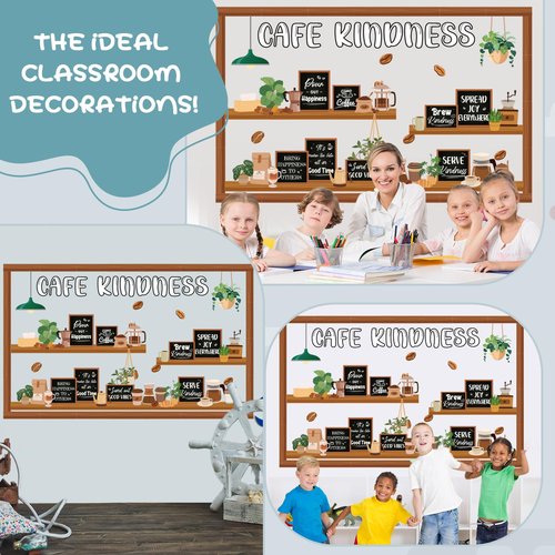 Pajean Cafe Kindness Bulletin Board Set Plant Coffee Motivational Classroom Decorations Bookshelf Reading Bulletin Board Inspirational Cutouts for Back to School Library Decor Office Supplies