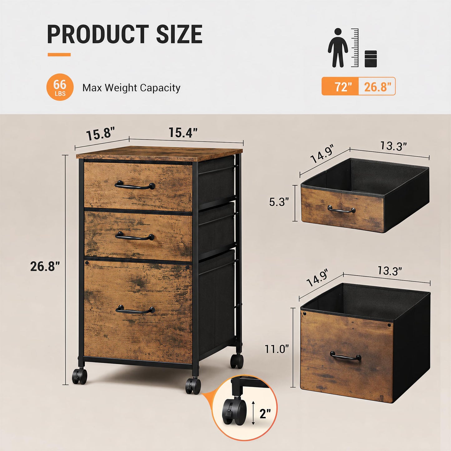 DEVAISE Mobile File Cabinet, Rolling Printer Stand with 3 Drawers, Fabric Vertical Filing Cabinet fits A4 or Letter Size for Home Office, Rustic Brown Wood Grain Print