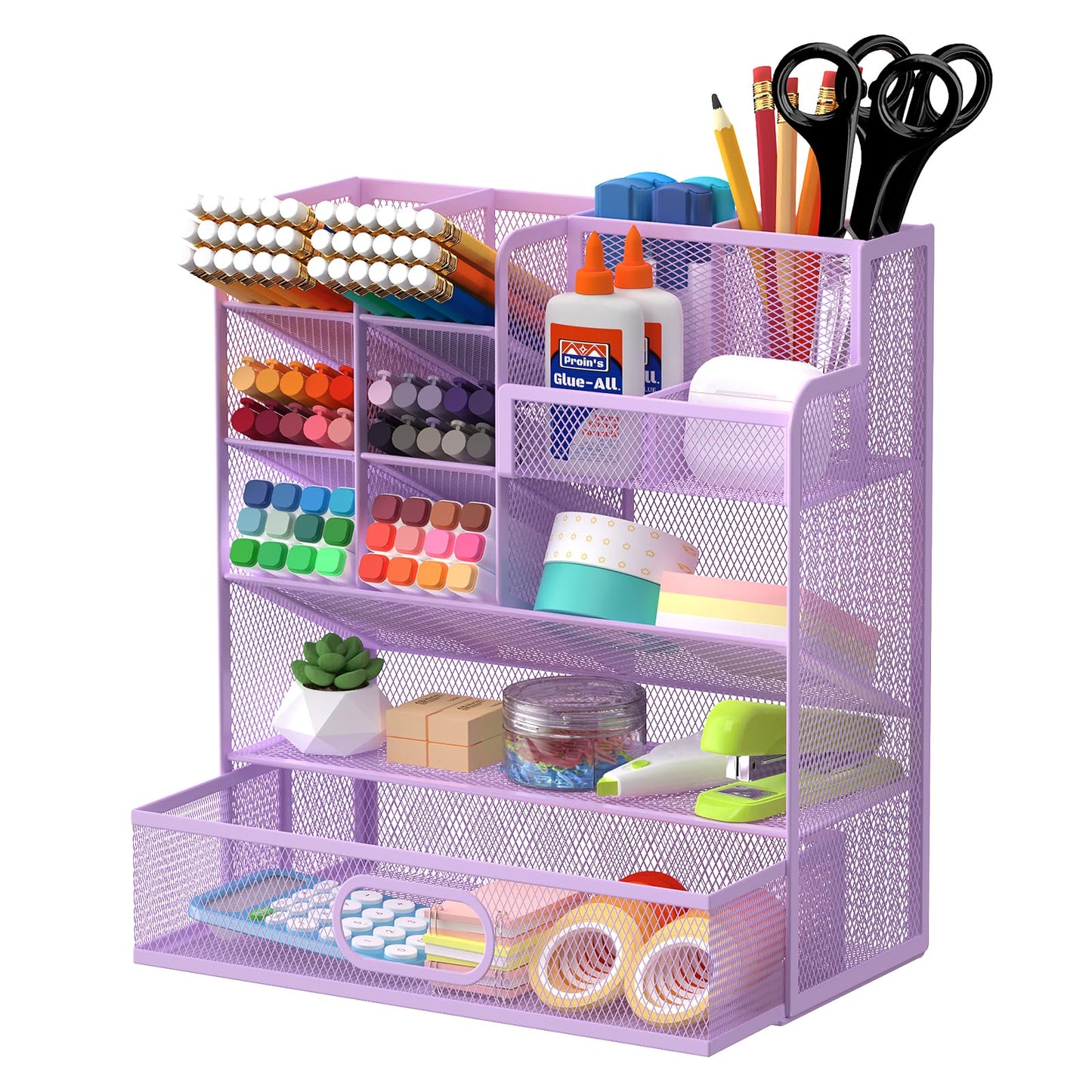 ReePlan Mesh Pen Organizer for Desk - Multi-Functional Pencil Holder with Drawer Desk Organizers, Large Capacity Storage for School Office Home Supplies (Purple)