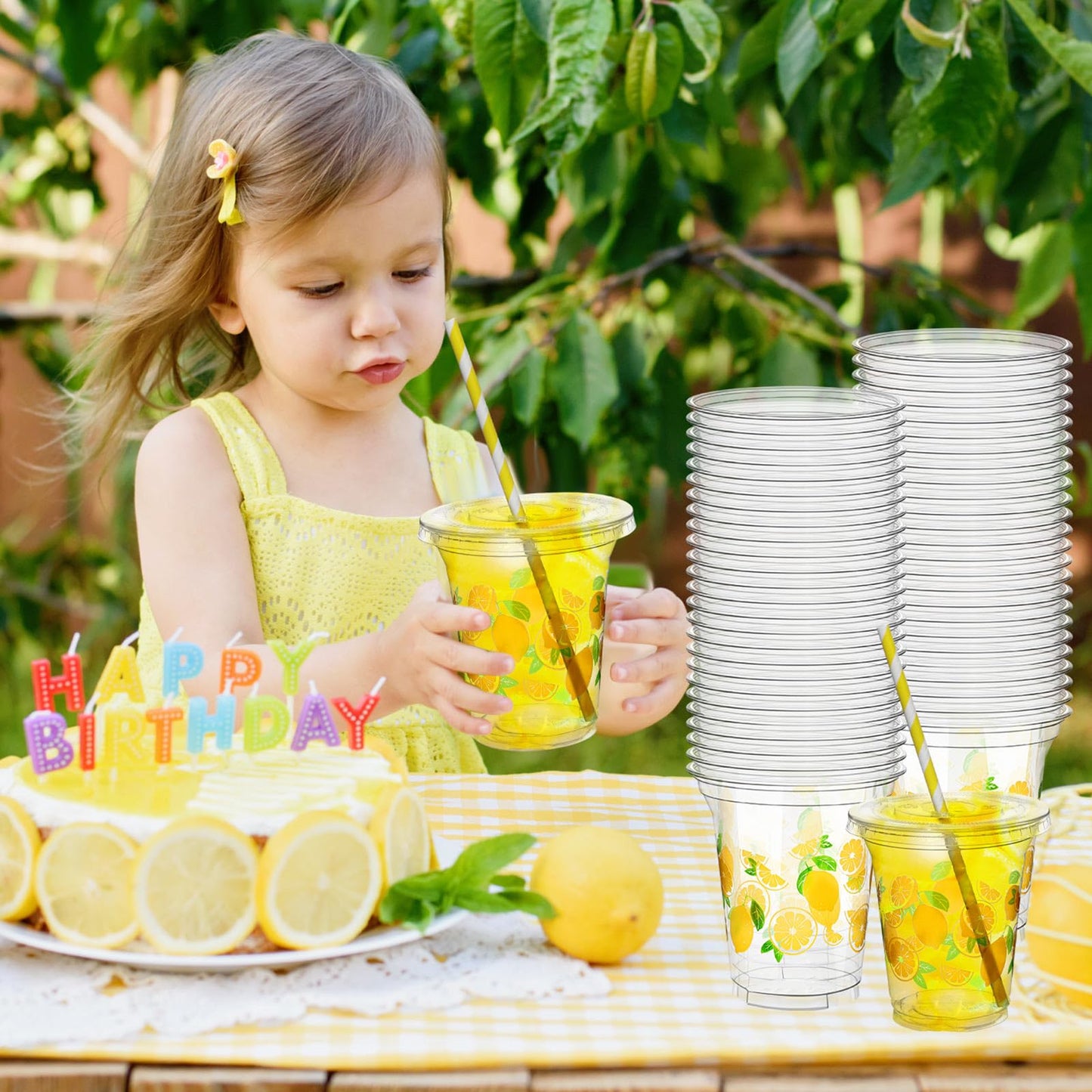 Umigy 100 Pack Plastic Disposable Cups with Lids and Straws 12 oz Disposable Cups for Juice Water Coffee Summer Party Sports Party Supplies(Lemonade)