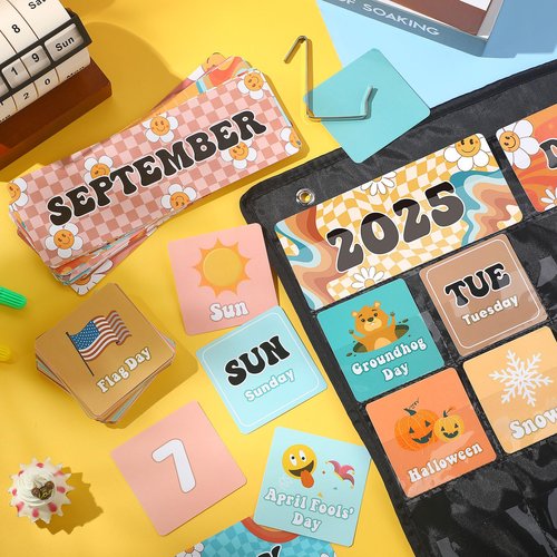 Pasimy Classroom Calendar Pocket Chart Retro Groovy Bulletin Board Set Boho Daisy Seasons Festival Weather Calendar Set for Classroom Decoration Back to School Supplies(Classic)