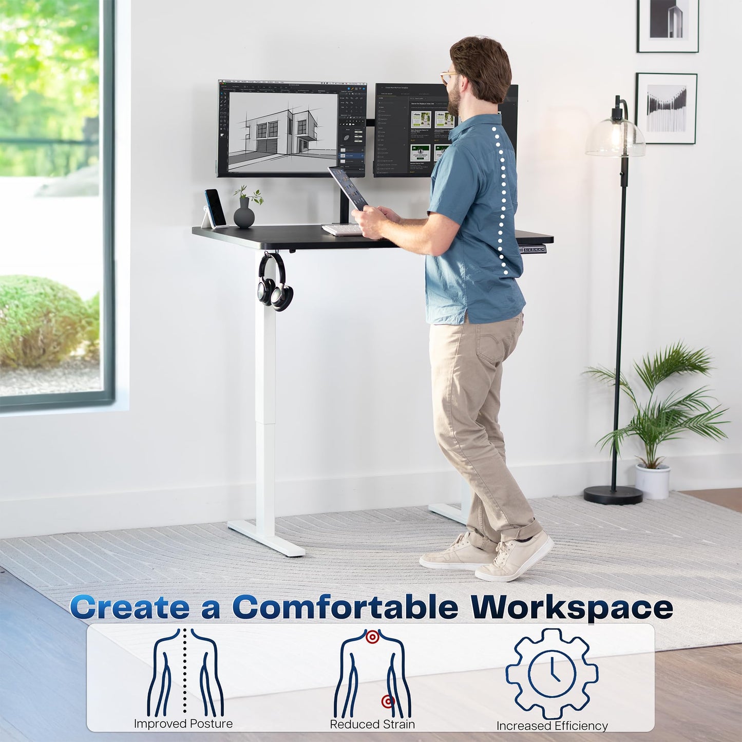 VIVO Electric 48 x 30 in Standing Desk, Memory Height Adjustment, 1B Series, Holds 220 lbs, One-Piece Black Top, White Frame, DESK-KIT-1W5B